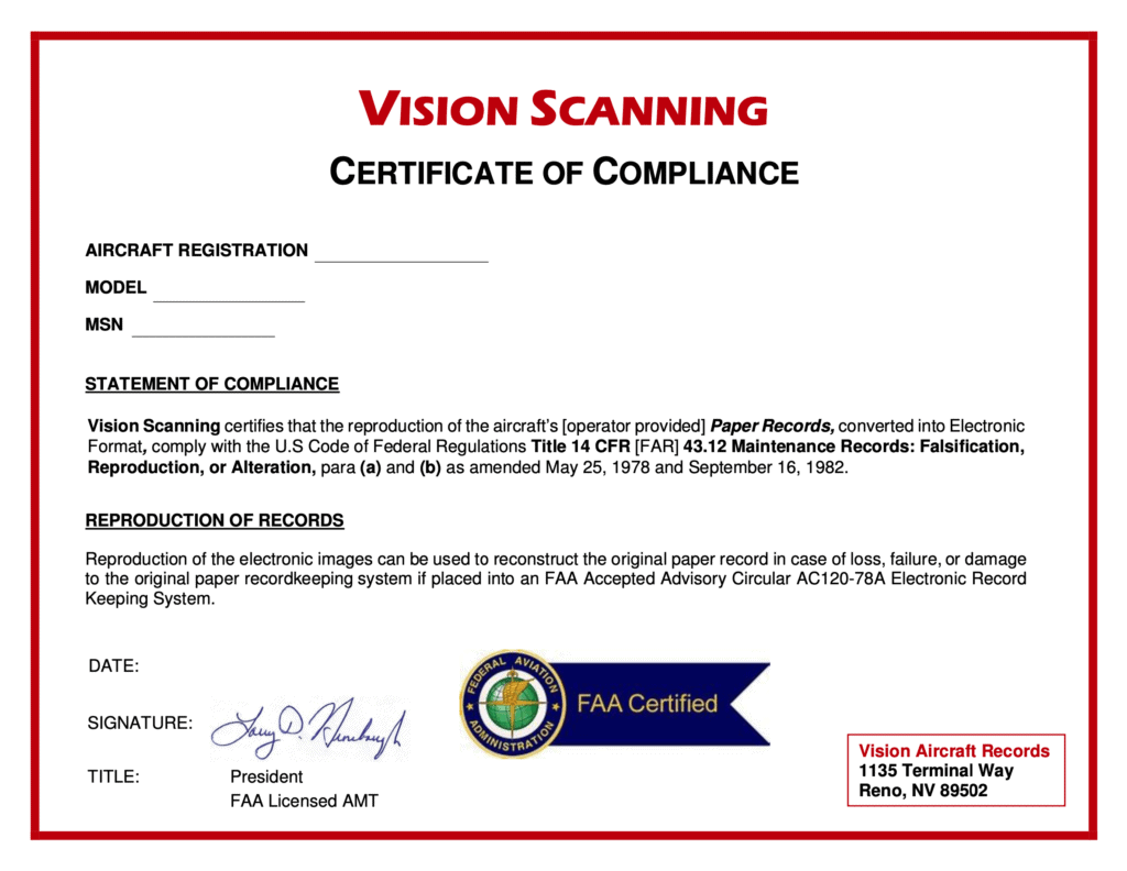 Digital Aircraft Records Scanning Certificate